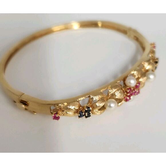 Antique 14k Yellow Gold Pearls,Ruby & Sapphire Bangle Bracelets - Picture 5 of 12